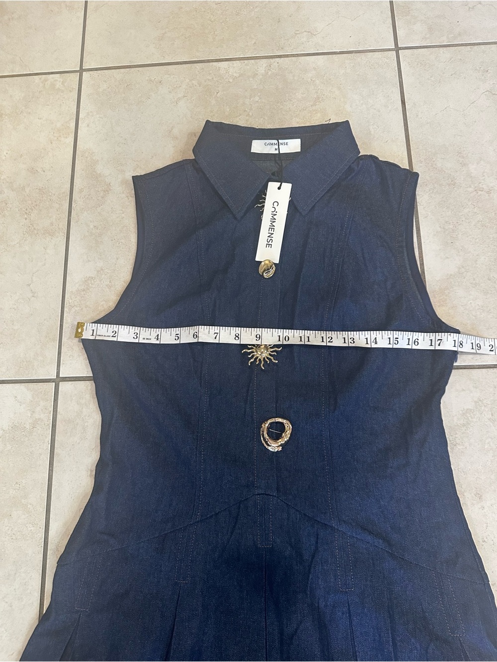 Commense Navy Denim Mini Dress with Gold Sun Buttons - Picture 7 of 9